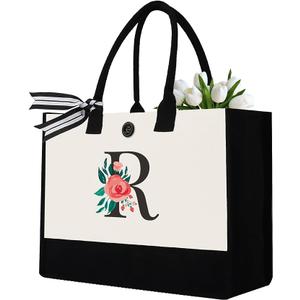 Initial Canvas Tote Bag, Personalized Birthday Gifts for Women Mom Friends Teachers, Monogrammed Tote Bags Suitable for Mother's Day Wedding Beach (Letter R)