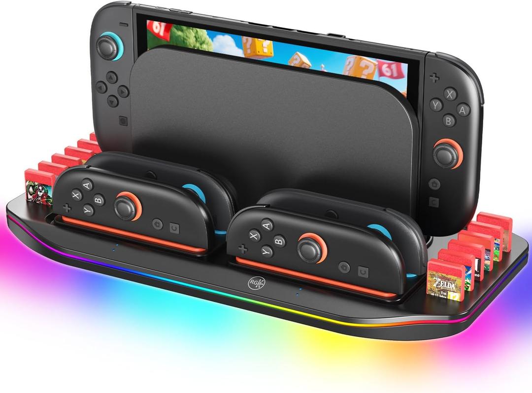 Younik Switch 2 Charging Dock Station for NS Switch 2, 9 RGB Light Modes & 12 Game Card Storage, Magnetic Plug-in J-Con Charger Station, Gaming Accessories