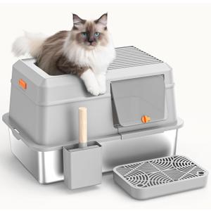 Removable Stainless Steel Cat Litter Box with lid, Side & Top Entry Kitty LitterBox，Cat Litter Box Enclosure, XL Extra Large High-Sided Metal Cat Box with Scoop, Footboard（Grey）