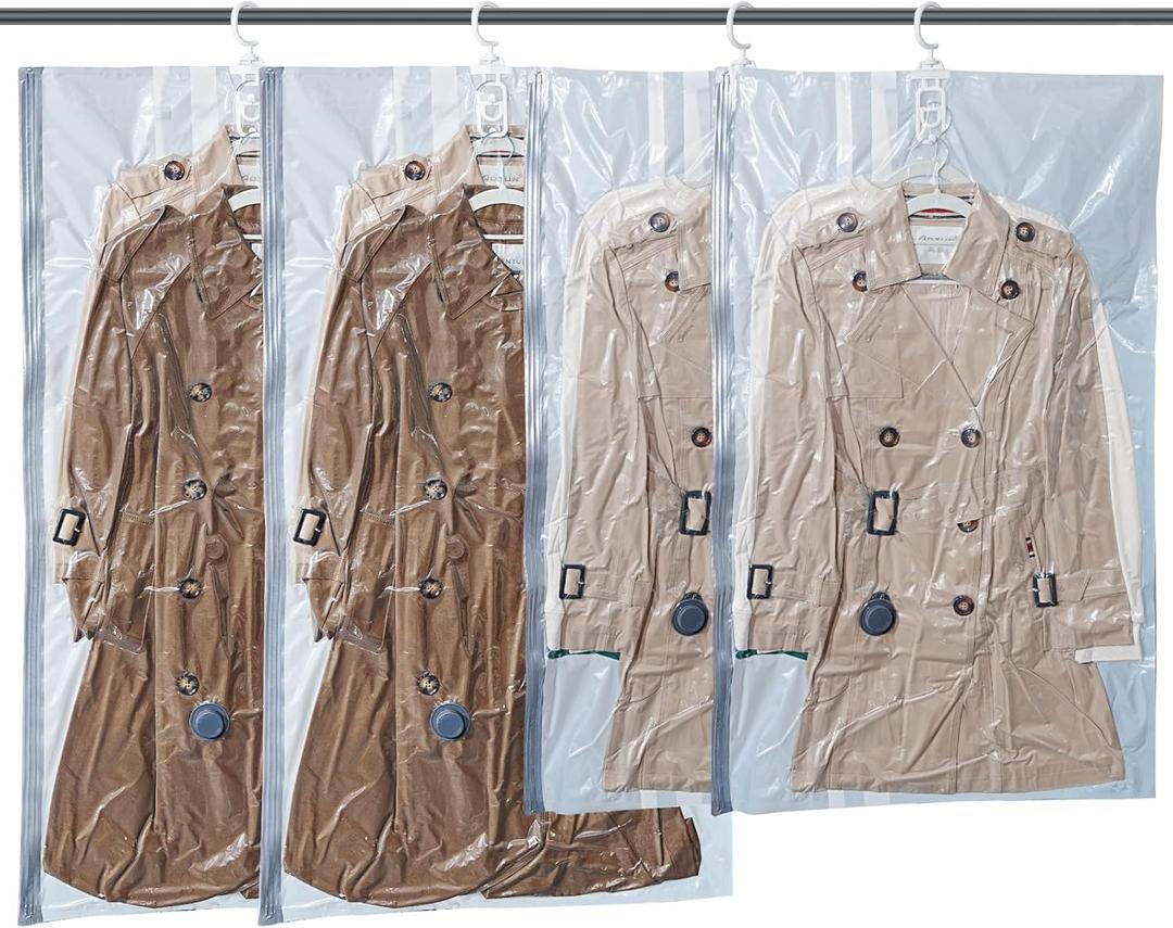 Hanging Vacuum Storage Bags 4 Pack Hanging Vacuum Seal Bags for Clothing Coat Storage Suit Bags, Hanging Plastic Clothes Cover for Coat Dress Fur Shirt Vacbird
