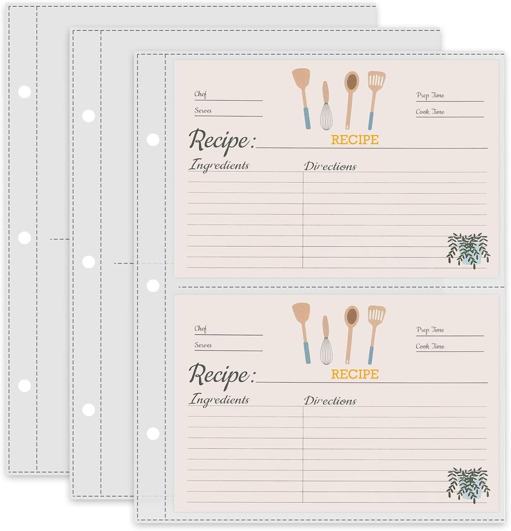 50 Pack Recipe Card Page Protectors, Easy Storage, 4x6 Inch Recipe Card Sleeves, 2 Pockets Per Page, Sheet Protectors for 8.5 x 9.5 Inch 3 Ring Binder, Recipe Binder Refill Pages