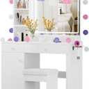 Makeup Vanity Desk with Mirror and Led Lights,Makeup Desk with Lights 3 Colors,Makeup Vanity with 5 Drawers&3 Shelves, Vanity Table with Stool and Power Outlet, Vanity Set for Bedroom,White
