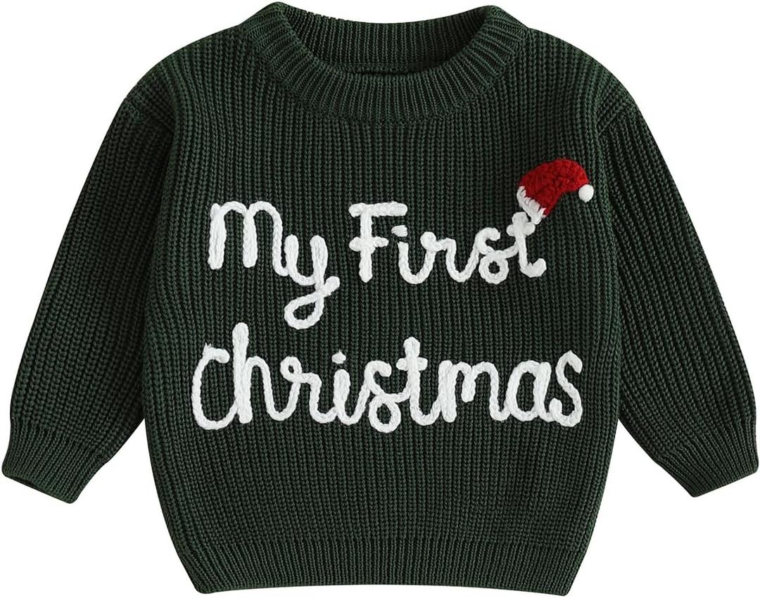 Baby Girl Boy Sweater My First Christmas Outfit Letter Knit Newborn Infant Fall Winter Clothes Pullover Top (0-3 Months, Dark Green)