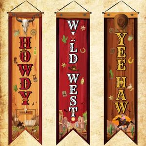 3 Pcs Western Party Decorations Cowboy Banners Wild West Hanging Decor Howdy Yes Haw Porch Sign Backdrops for Indoor Outdoor Western Cowboy Birthday Photo Props Vintage Wedding Party Supplies