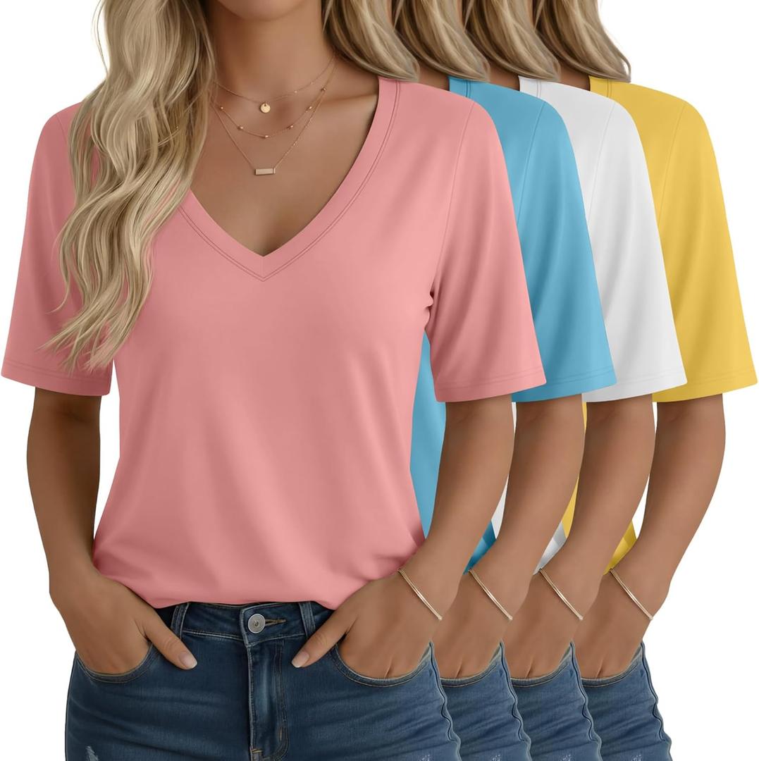 Oakgarden 4 Pack Women's Half Sleeve Shirts V Neck Tops Elbow Length Loose Fit Straight Hem T Shirts Casual Summer Tees (XL)