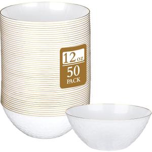 Jingmore 50 Pcs 12 oz Clear Plastic Bowls Hammered with Gold Rimmed, Heavyweight Disposable Bowl Set, Salad Dinner Bowls for Party, Wedding, Holiday, Catering (Pearl White)