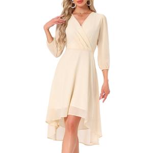 Women's Formal Prom Chiffon Dress Asymmetrical Hem Wedding Guest Wrap Cocktail Midi Dresses (Medium, Beige)