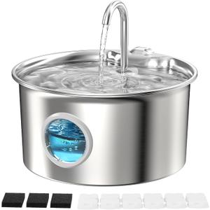 Stainless Steel Cat Water Fountain: Cat Fountain with 6 Filters + 3 Sponges - 88oz/2.6L Pet Water Fountain for Cats Inside - Silent Cats Water Bowl Dispenser - ATMZIQXR Kitty Drinking Fountains