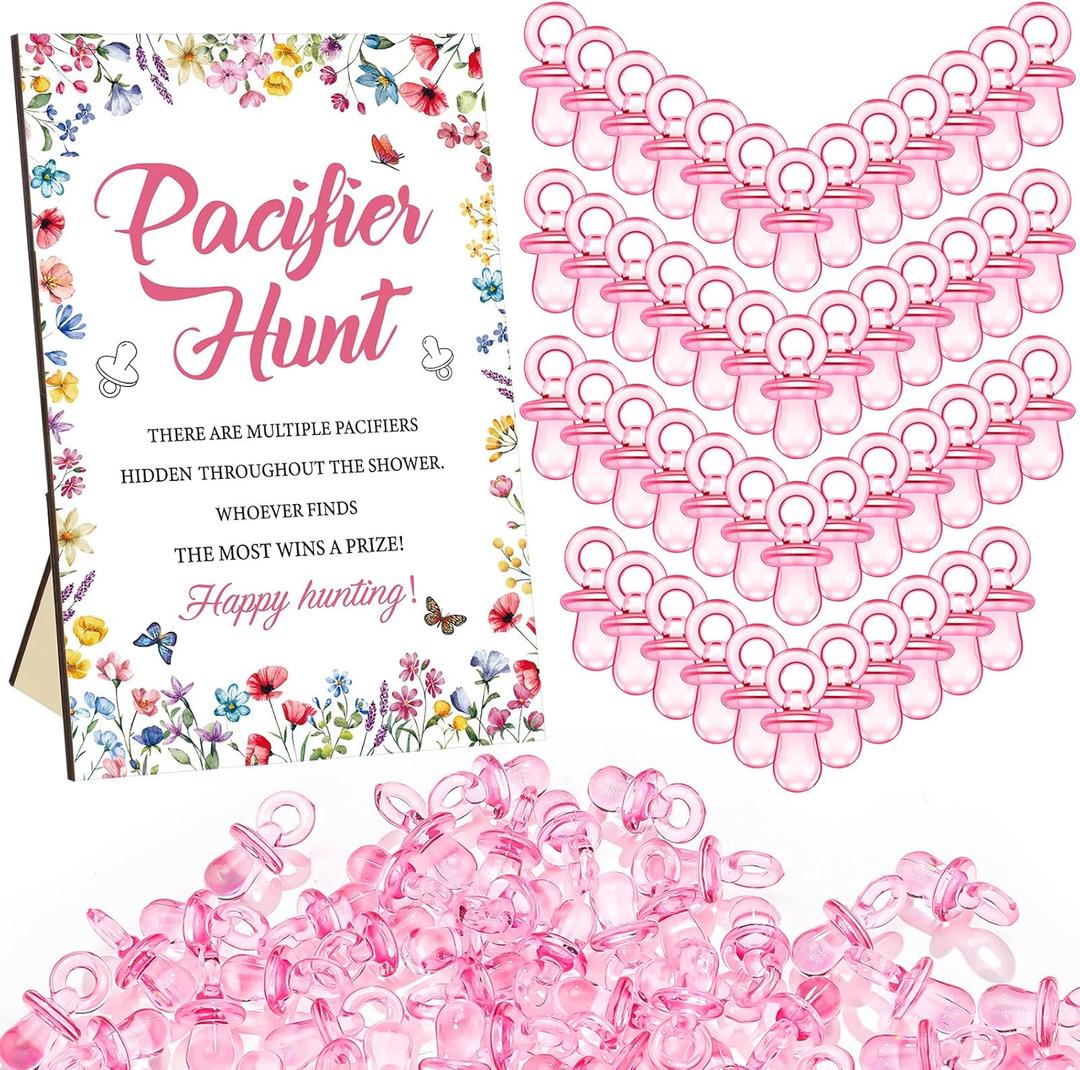 Thyle 51 Pcs Pacifier Hunt Baby Shower Games Include Hunt Sign and 50 Acrylic Pacifiers for Baby Shower Game Decoration Gift Sets Gender Reveal Party Decor(Wildflower)