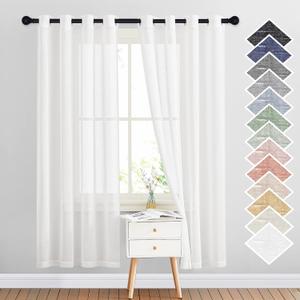 NICETOWN White Sheer Linen Curtains Flax Texture for Bedroom, Vintage Grommet Top Semitransparent Privacy Window Treatment Light Filtering for Living Room / Flat, W52 x L72, Set of 2
