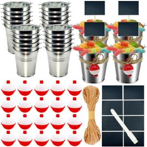 6 Fishing Candy Buckets for Birthday Party Favors with 6 Fishing Bobber Erasable Stickers and Chalk Marker for Making My Party Reel Fun Gone Fishing Theme Supplies Fishing Decorations