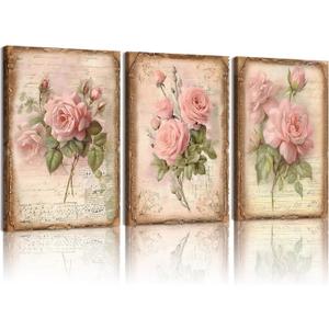 EEYNAQQ 3 Pcs Vintage Pink Rose Canvas Wall Art Shabby Chic Floral Posters Prints 12x16 Inch Still Life Plants Art Aesthetics Framed Canvas Print Wall Decor for Living Room Bedroom Office Kitchen