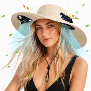 Suhine Solar Fan Hat with 2 Fans Extra Wide Brim Outdoor Women Men Solar Powered Fishing Sun Hats UPF 50+ UV Protection, 5.9 Inch Hat Brim, Khaki