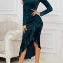 NASHALYLY Elegant Velvet Dress for Women,Sexy Long Sleeve Bodycon Mermaid Dress Ruched Cocktail Party Wedding Square Neck (Blue)