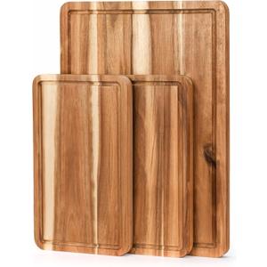 VieWood Acacia Wood Cutting Board Set of 3 for Kitchen, Pre-Oiled Knife-Friendly Wooden Chopping Boards with Juice Groove, Charcuterie Tray for Meat Cheese Vegetables (17x12 12x10 12x7 inch)