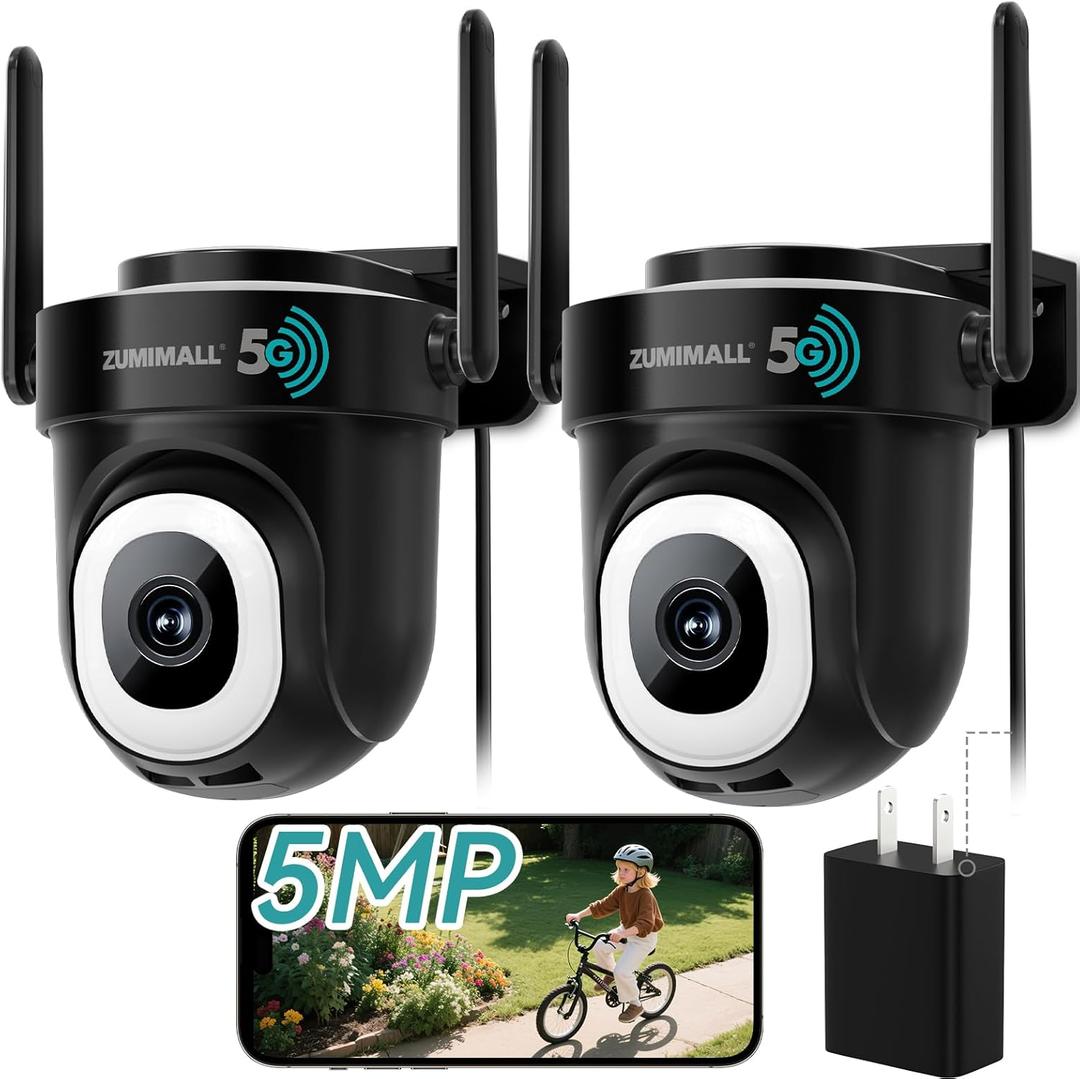 ZUMIMALL 5MP 5G WiFi Security Camera 2-Pack Black, 24/7 Recording, 360 PTZ Auto Tracking, Support SD Storage, Color Night Vision, AI Detection, 2-Way Talk, Compatible with Alexa & Cloud Edge