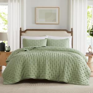 WDCOZY Sage Green Cloud California Cal King Size Quilt Bedding Sets with Pillow Shams, Oversized Seafoam Puffy Cozy Lightweight Bedspread Coverlet, Soft Cute Bed Cover for All Season