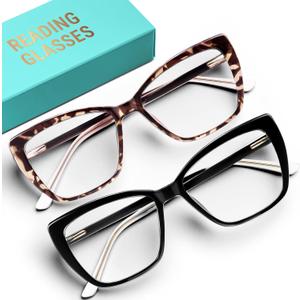 CCVOO Trendy Reading Glasses for Women, Oversized Blue Light Readers, Cheaters Eyeglasses, Stylish Square Cat Eye Glasses (Black + Tortoise)