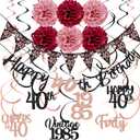 40th Birthday Decorations for Women, Black Rose Gold Happy 40th Birthday Banner Pompoms Sparkling Hanging Swirls Kit for 40th Birthday Party Forty Decoration Supplies