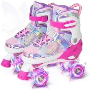 MammyGol Kids Roller Skates for Girls or Boys, Adjustable Roller Skates for Children with Beautiful Butterflies, Beginners 3-16 Years Old Light up Quad Skates Indoor Outdoor. SMALL