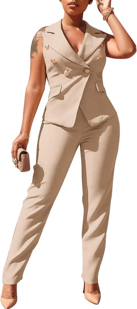 Women's Business Blazer Suit Ruffles Sleeveless Solid Two Piece Pant Set Professional Work Outfit for Office