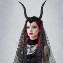 Halloween Gothic Devil Antelope Sheep Horn Headband Flower Crown with Black Mesh Veil Hair Hoop Cosplay Costume Proms Party Headwear