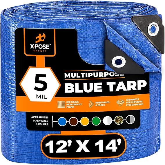 Better Blue Poly Tarp 12' x 14' - Multipurpose Protective Cover - Lightweight, Durable, Waterproof, Weather Proof - 5 Mil Thick Polyethylene - by Xpose Safety