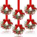 Dingion 6 Pcs 6" Christmas Mini Cabinet Wreaths for Kitchen with Ribbon Bows Red Berry Small Window Wreath for Window Door Farmhouse Christmas Party Decorations (Stylish Style)