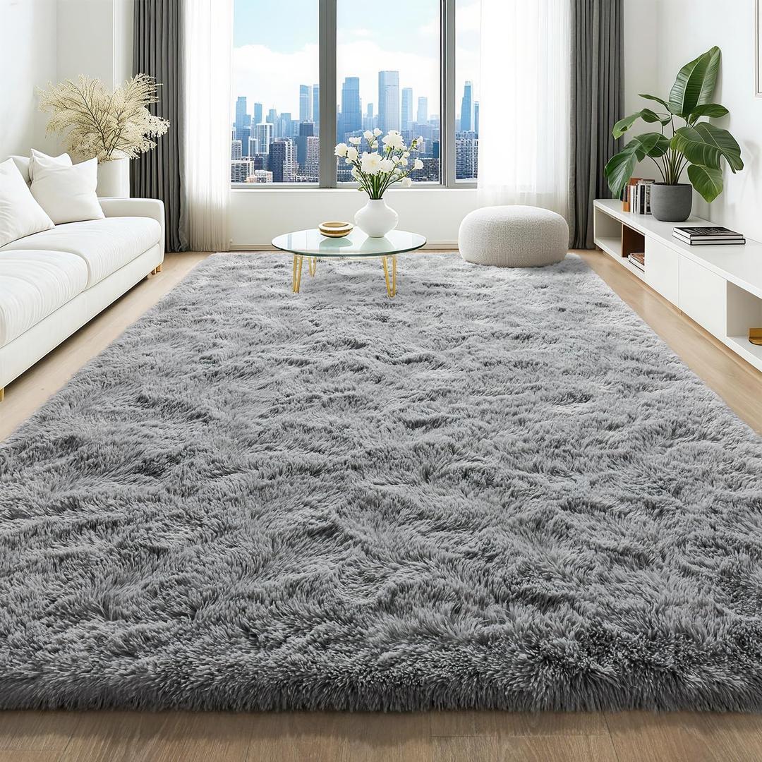 HQAYW 6x9 Fluffy Grey Area Rugs for Living Room Bedroom, Soft Plush Shaggy Bedside Rug, Non-Slip and Machine Washable Carpet for Kids Girls and Boys, Dorms, Nursery Rooms, Home Decor