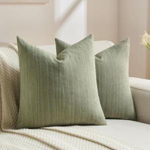FUTEI Sage Green Chenille Decorative Throw Pillow Covers 18x18 Inch Set of 2, Soft Crushed Striped Texture Cushion Case, Modern Home Decor for Couch Bed Living Room