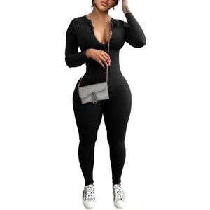 Mrskoala Women Long Sleeve Bodycon Jumpsuit One Piece Zip Up Romper (Medium, Black)