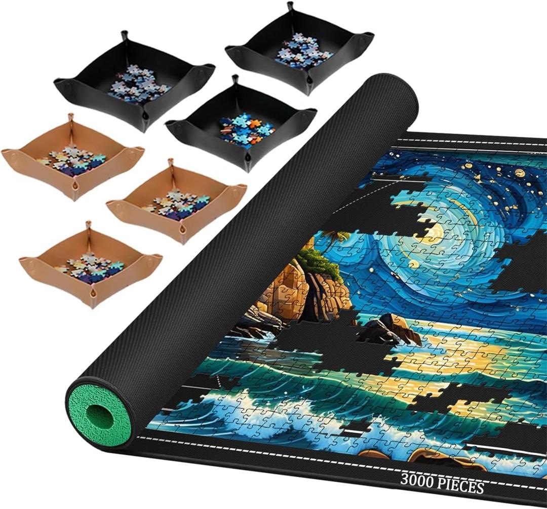 Jigsaw Puzzle Mat Roll Up, Portable Saver Pad 53 x 35 Up to 3000 Pieces, Puzzle Matt Rollup with Non-Slip Rubber Bottom & Smooth Top. (6 Sorting Trays & 1 Storage Bag) (Black)