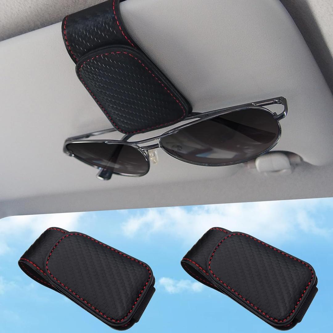 2 x TCJJ Sunglasses Holders for Car Visor,Car Magnetic Glasses Holder Leather Sunglasses Clip and Ticket Card Clip Suitable for Car Interior Visor and Different Size Eyeglasses(Carbon Fiber/2)