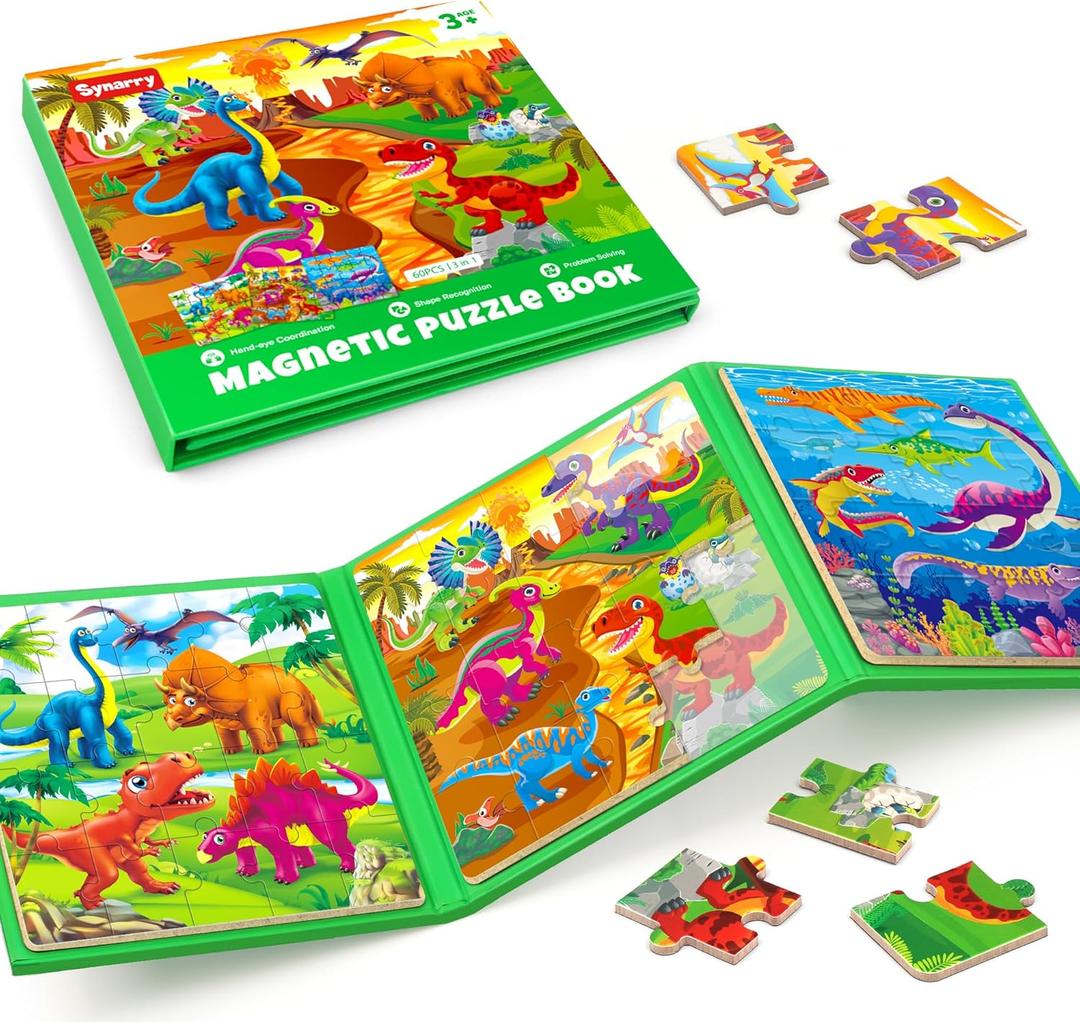 SYNARRY Dinosaur Magnetic Puzzles for Toddlers 3-5, 20 Pieces Travel Puzzles for Toddlers 2-4, Car Airplane Road Trip Activities Magnet Games Toys for 3 4 5 6 Year Old Children Boys Girls Gifts