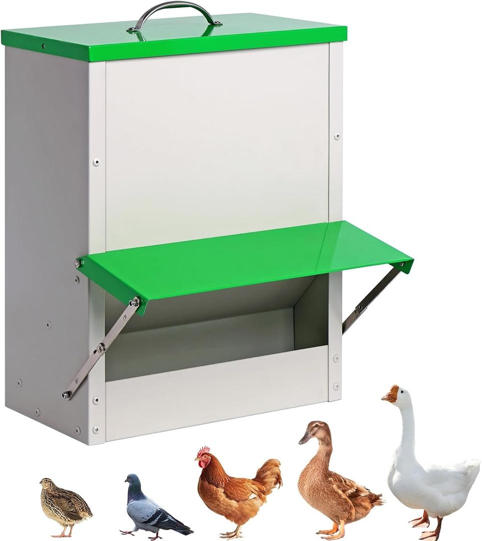 25lb Automatic Chicken Feeders Metal Poultry Feeder no Waste Large Chicken Coop Feeders with Lid Hanging Chicken Feeder Trough for Quail Chickens Ducks Feeder Outside Waterproof Chicken Feeder