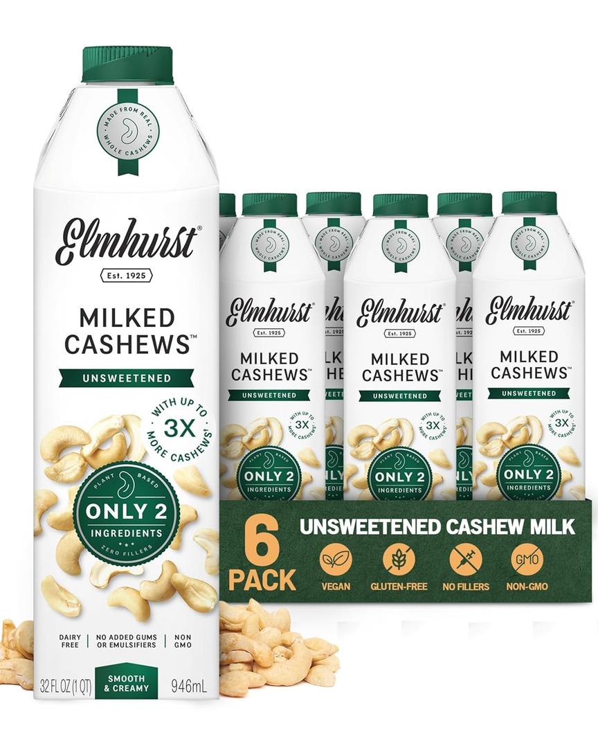 Elmhurst 1925 Cashew Milk Unsweetened - 32 Ounce (Pack of 6) Dairy-Free, Gluten-Free, Vegan, Kosher, Shelf Stable Milk Made with Water & Cashew for Healthier, Simpler Plant-Based Alternatives