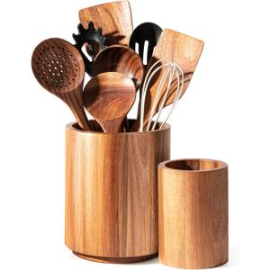 Criusia Utensil Holder 2 Pack, 360 Rotating Acacia Wood Cooking Utensil Crocks for Kitchen Counter, Farmhouse & Modern Decor, (1 Large,1 Small)
