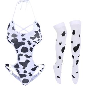 FYMNSI Women Sexy Milk Cow Lingerie Set Anime Maid Cosplay Costume Mini Bikini Bra Bodysuit with Bell Choker Stockings Outfit (One Size)