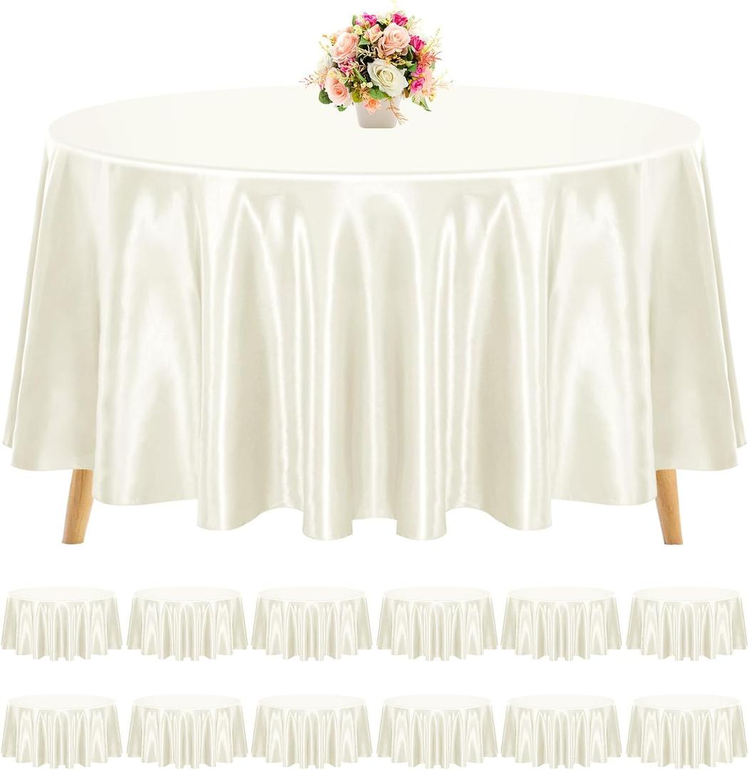 12 Pack Ivory Satin Tablecloth, 120 Inch Round Silky Satin Table Cloth, Bright Silk Tablecloth Smooth Fabric Table Covers Overlay Silky Tables Decoration for Wedding Party Banquet Birthday