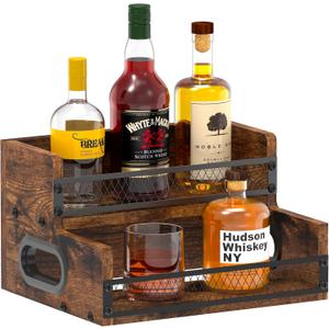 Bottle Display Shelf, Coffee Syrup Rack Organizer, 2 Step Countertop Rack, 8 Bottles Coffee Station Organizer with Fences & Handles, Home Retro Bar Shelf Stand for Whiskey