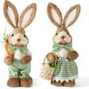 Set of 2 Easter Decorations 13.8" Rustic Straw Bunny Couple Tabletop Decor, Farmhouse Easter Bunny Figurines with Carrot, Vintage Rabbit Statues Ornaments, Spring Easter Home Decor