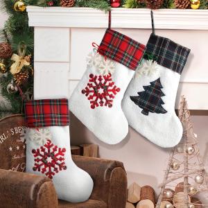 2 Pcs Plaid Christmas Stockings with Gold Holders, 18 inch Large Snowflake Tree Fireplace Hanging Stocking, Xmas Decor Gifts for Christmas Tree Family Holiday Party Decorations