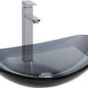 Bathroom Boat Shape Artistic Glass Vessel Sink Free Chrome Faucet and Pop-up Drain Set, Bluish Grey