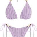 ZAFUL Women's Bikini Sets Beads Triangle Swimsuits 2 Piece String High Cut Cheeky Bathing Suits (Purple, XL)