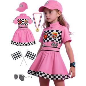 Race Car Driver Costume for Girls Racing Outfit for Toddler Racer Dress Up (7-8 Years, Pink)