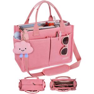 BESBESME Canvas Tote Bag for Women with Zipper & Compartments Large Work & College Laptop Tote Crossbody Shoulder Bag (Medium, Pink)