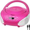 Gueray CD Player Portable Boombox: Radio CD Players with Speakers Home Audio FM Radio AUX Input Support Headphones Playlist Mode PROG Playback for Outdoor Indoor Audiobooks (Pink)