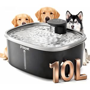 10L/2.64GAL Wireless Water Fountain for Cats Large Dogs for Multi-Pet Homes - Stainless Steel 4000mAh Battery Operated Automatic Pet Water Dispenser with Sensor, Quiet Flowing Bowl - Black