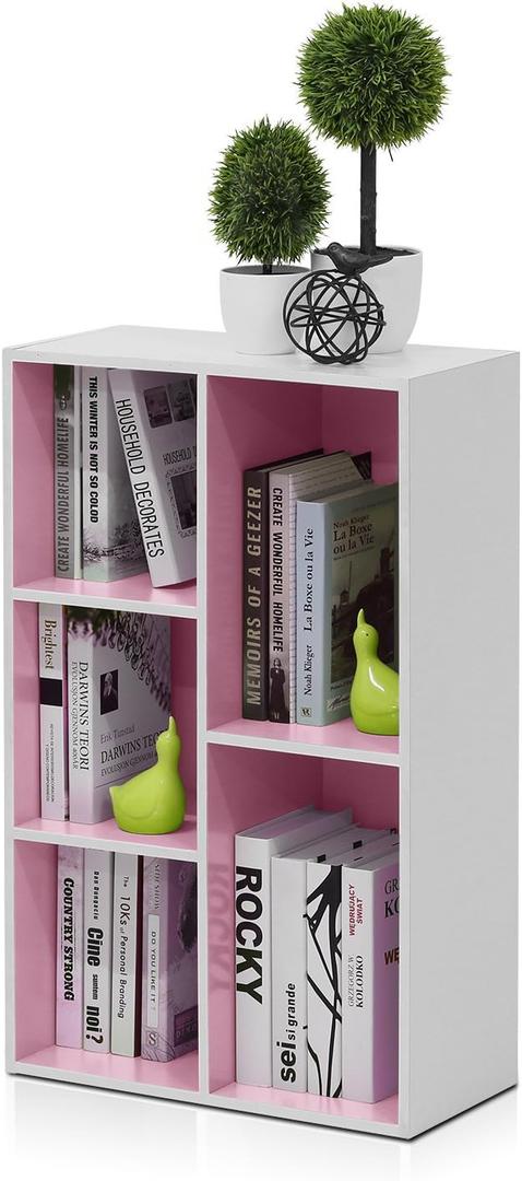 Furinno LUDER Book Shelf, 5-Cube Bookshelf, Reversible Bookcase, 9.4 x 19.5 x 31.5, for Living Room, Bedroom, Home Office, White/Pink