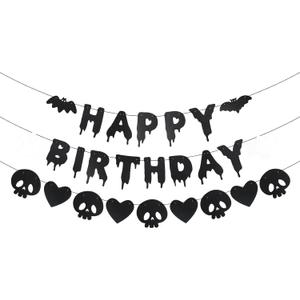 Black Glitter Halloween Birthday Banner, Pre-Strung Happy Birthday Halloween Banner Ghosts Hearts Skulls Bats Hanging Paper Garland Photo Prop for Wall Mantle Home Supplies